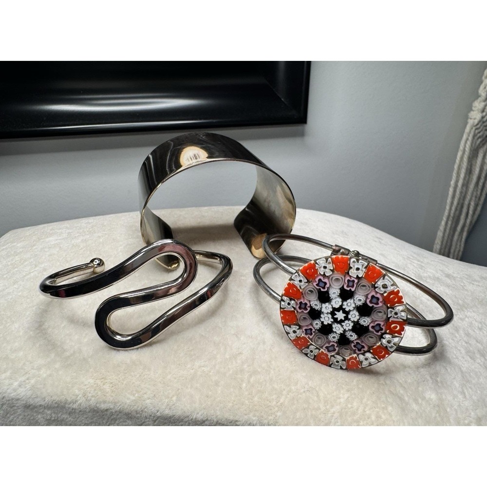 VTG Lot 3 Silver Tone Metal Cuff Bracelets Clamper Boho Western Statement Bangle
